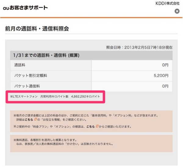 au iPhone 5の1月の通信量：約4.6GB