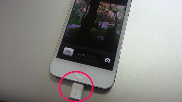 iPhone 5にLightning microUSBアダプタを挿しっぱなしで使用中