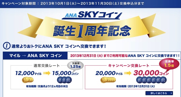 ANA SKY コイン誕生1周年記念 20,000マイル ⇒ 30,000コインになるキャンペーン実施中！