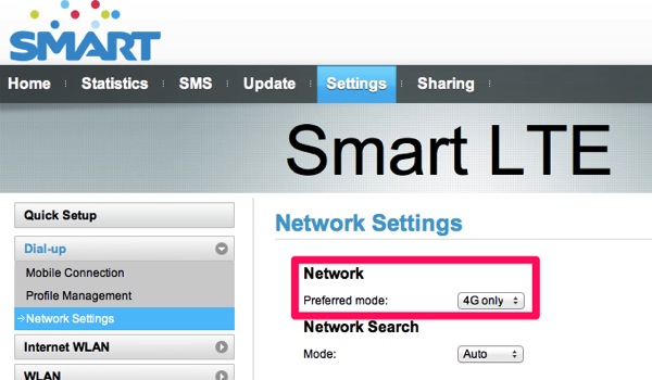 ネットワークの4G LTE固定が可能