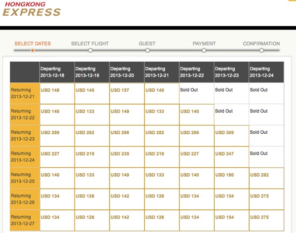 香港エクスプレスの関空発 ⇔ 香港 往復航空券が約17,500円で購入可能(2013年12月出発分)