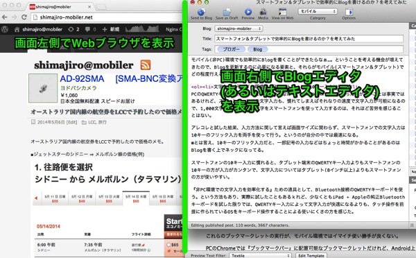 画面の左側にWebブラウザ、右側にBlogエディタ