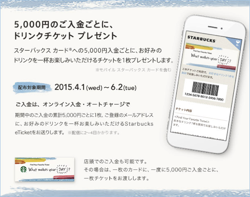 スターバックス：5,000円入金でドリンクチケットプレゼント