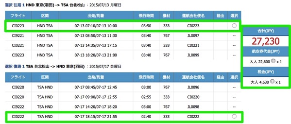 チャイナエアライン：東京(羽田) 〜 台北(松山)の往復航空券が総額27,000円