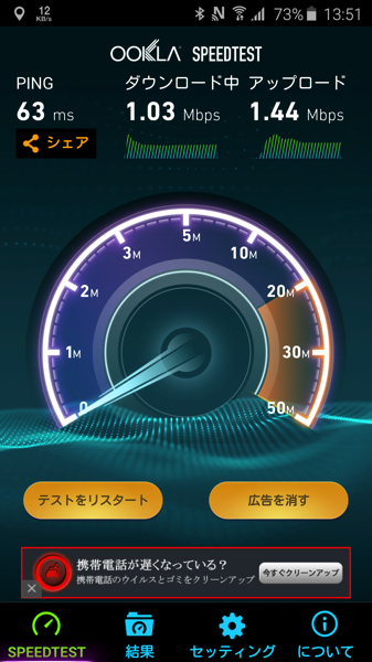 速度制限状態のWiMAX 2+でスピードテスト