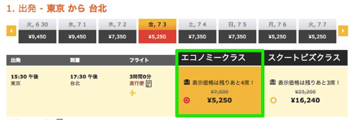 成田 〜 台北が片道5,250円