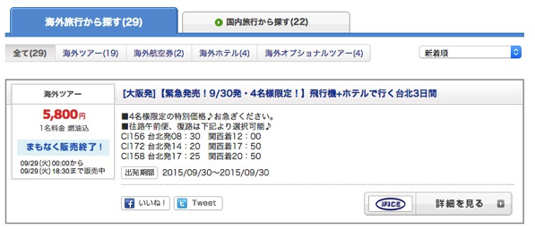 大阪出発台北行き、中華航空利用の2泊3日ツアーが5,800円で販売 - 出発日は9月30日(水)限定