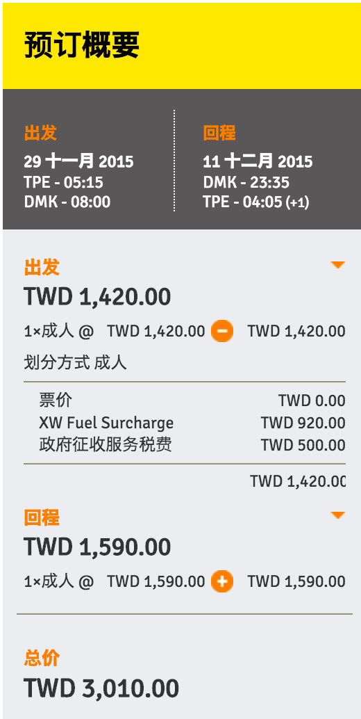 最低価格は往復で3,010台湾ドル