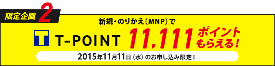 新規・乗換契約でT-POINT 11,111ポイント還元！11月11日(水)限定！