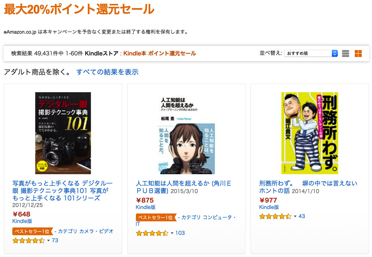 Kindle本約50,000冊が対象！最大20%ポイント還元セール開催