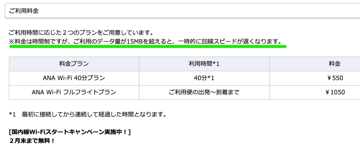 ANA、国内線機内Wi-Fiの通信速度制限に関するメモ – 通信量が15MBを超えると一時的に速度制限