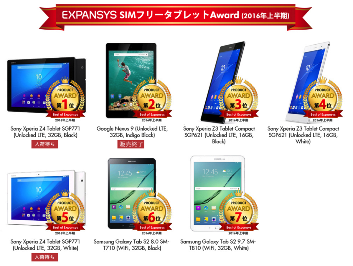 EXPANSYS SIMフリータブレットAward 2016年上半期