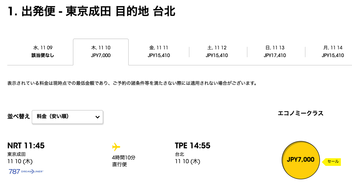 成田→台北が空港使用料コミで7,000円