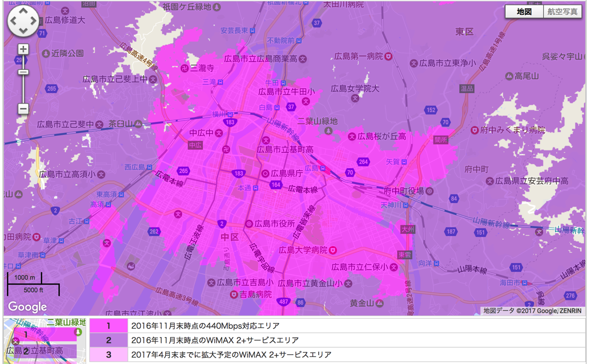 WiMAX 2+：広島市付近の対応エリア＆速度