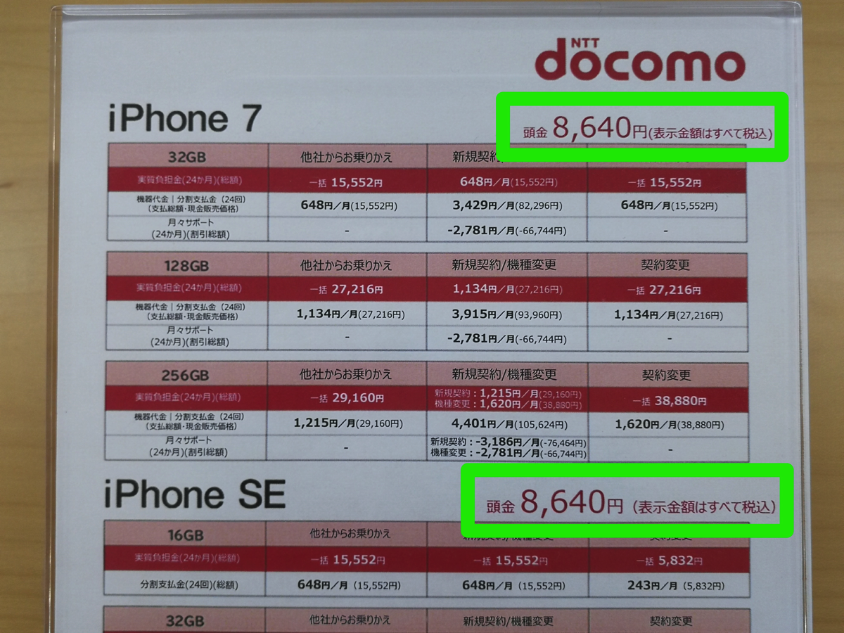 ドコモショップ：iPhone 7に頭金8,640円