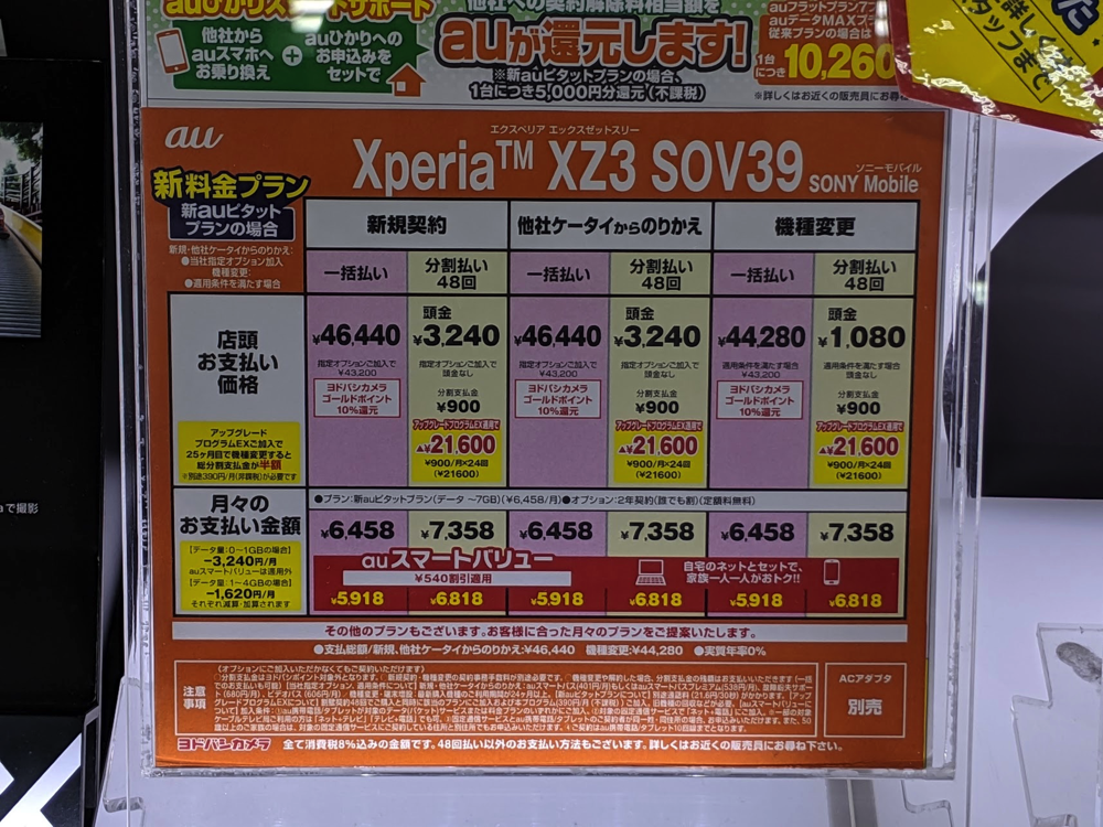 au、Xperia XZ3 SOV39を40,000円台に値下げ