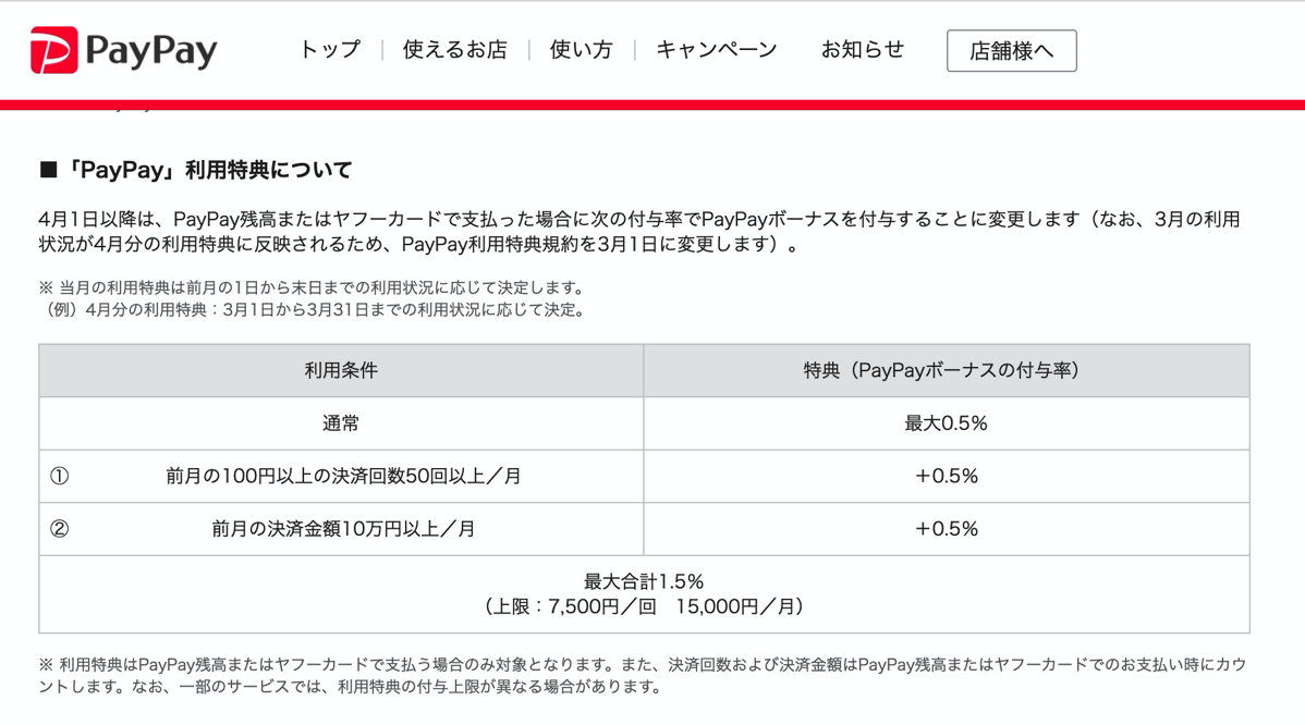 PayPay利用特典の変更（2020年4月1日から）