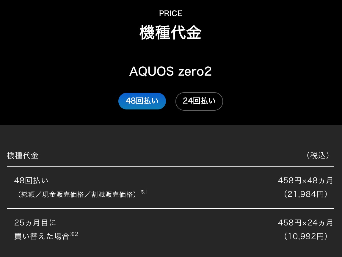 ソフトバンク：AQUOS zero2が一括約2.2万円に