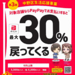 【中野区】PayPay支払いで30%還元を10月31日→10月25日に早期終了