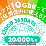 povo2.0の期間限定トッピング、有効期間365日間・120GBが20,000円