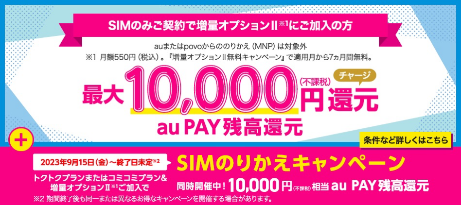 【UQモバイル】SIM単体をMNP契約で最大20,000円相当を還元、物理SIMも対象