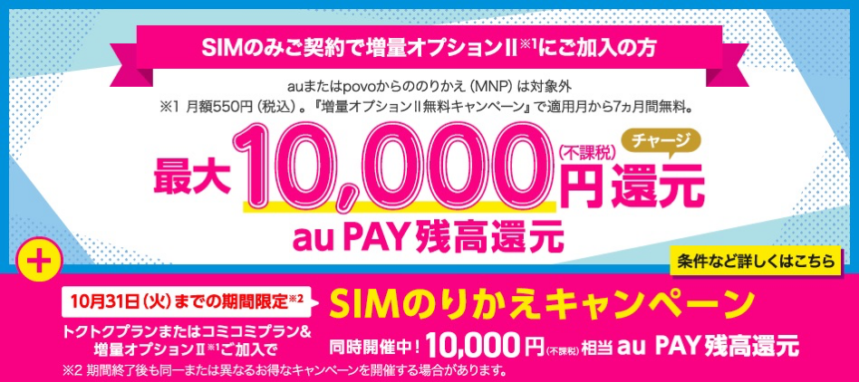 UQモバイル】SIM単体をMNP契約で最大20,000円相当を還元、物理SIMも対象（〜10月31日）