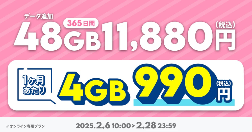 povo2.0、有効期間1年間48GBが11,880円など