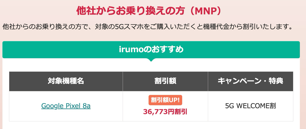 「irumo」MNP契約で「Pixel 8a」が36,773円割引（5G WELCOME割）