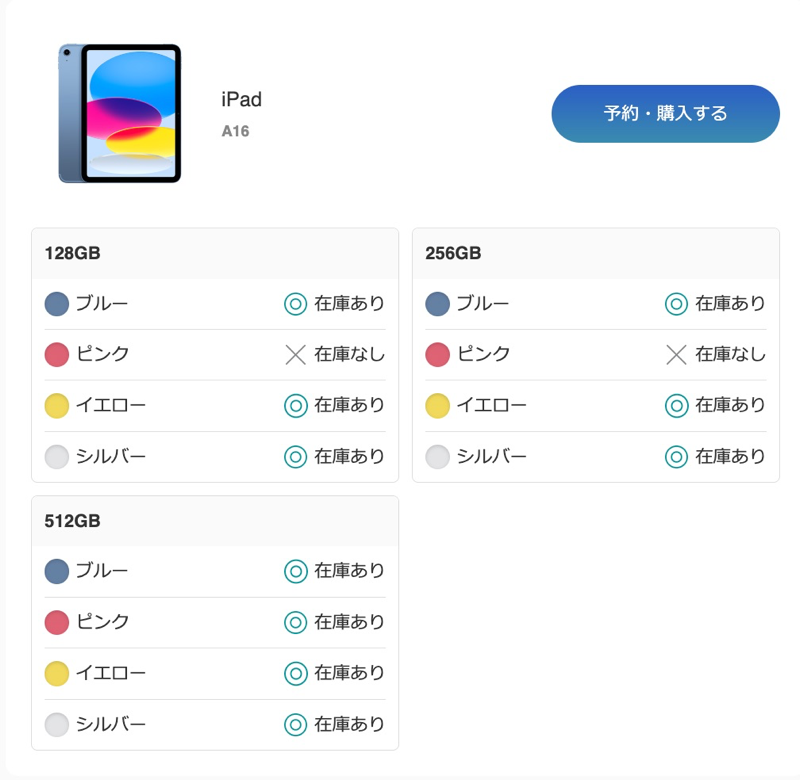 iPad（A16）の在庫状況