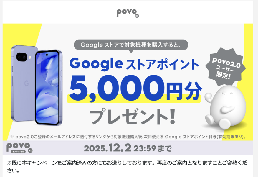 Google ストアポイント5,000円分プレゼント（povo2.0契約者限定）