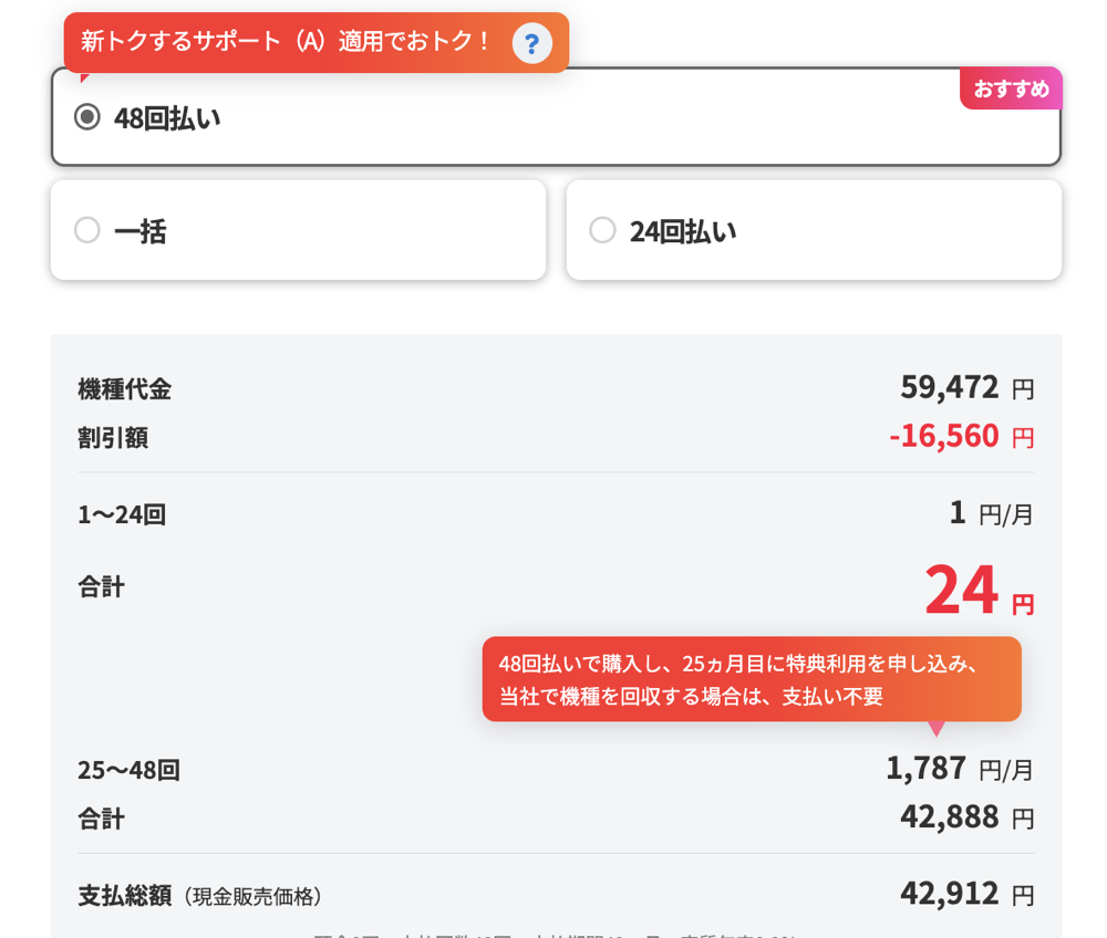 分割支払い＆本体返却で二年間の負担金が24円（月1円）に